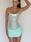 Quivyx Sequin Floral Draped Corset Mini Dress In Green