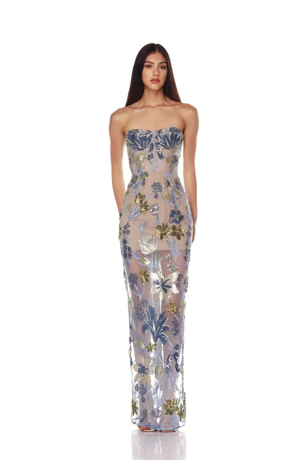 Yvoryth Strapless Sequin Embroidered Floral Maxi Dress In Blue