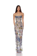 Yvoryth Strapless Sequin Embroidered Floral Maxi Dress In Blue
