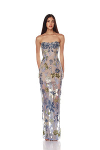 Yvoryth Strapless Sequin Embroidered Floral Maxi Dress In Blue