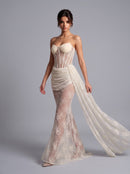 Marnex Strapless Draped Lace Bustier Maxi Dress