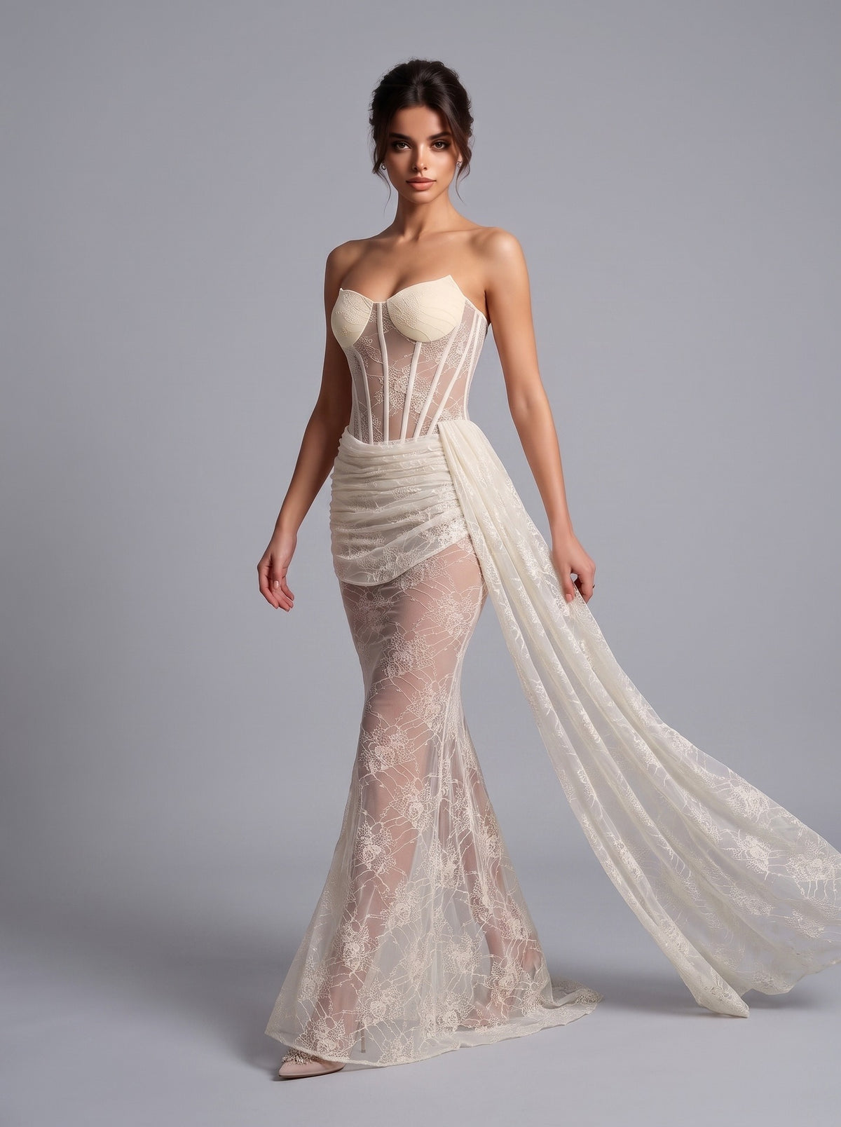 Marnex Strapless Draped Lace Bustier Maxi Dress