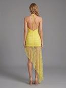 Iovrek Yellow Halter Neck Lace Maxi Dress