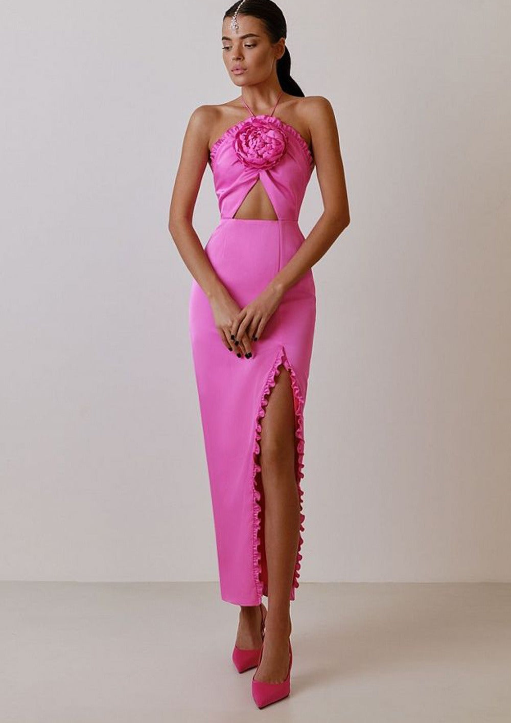 Werza Floral Embellished Slit Midi Dress In Pink