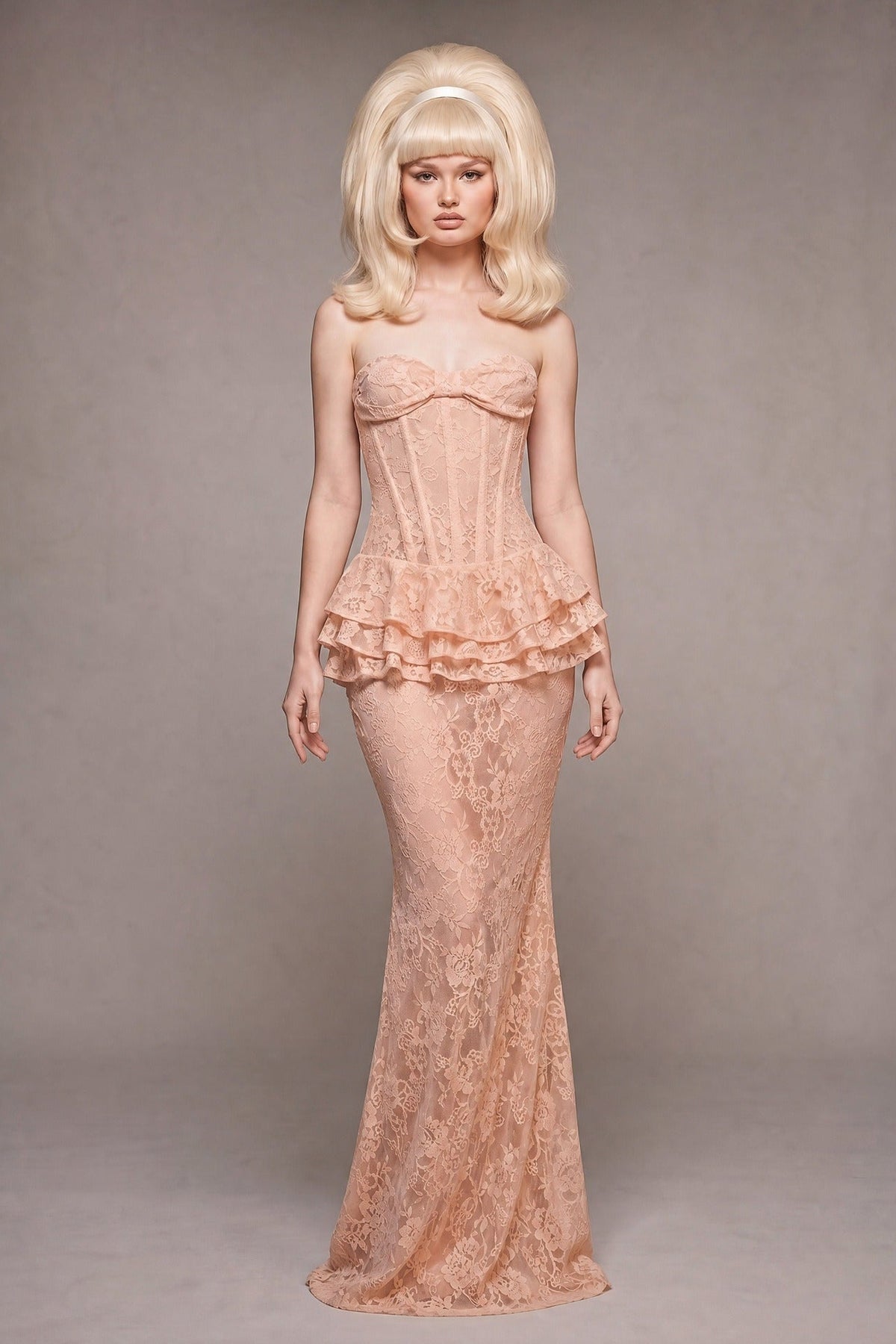 Luvren Pink Strapless Lace Peplum Maxi Dress