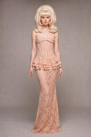 Luvren Pink Strapless Lace Peplum Maxi Dress