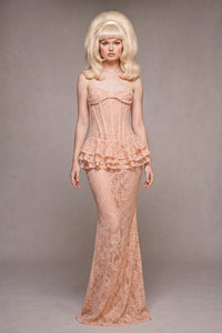 Luvren Pink Strapless Lace Peplum Maxi Dress