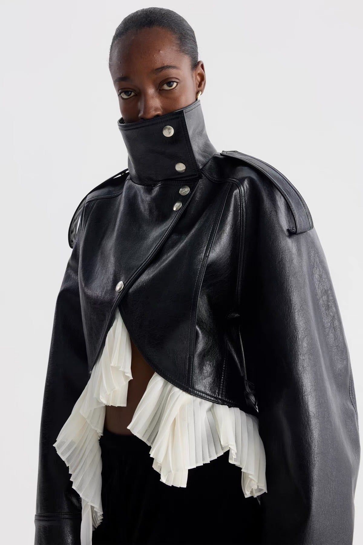 Amsvek Black High Neck Aysmmetrical Oversized Jacket