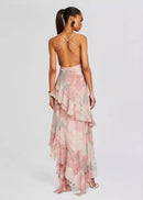 Ares Floral-Print Ruffled Silk Midi Dress In Pink