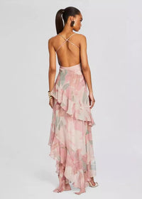 Ares Floral-Print Ruffled Silk Midi Dress In Pink