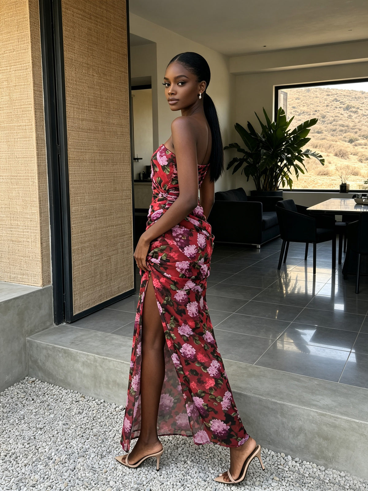 Kessari Strapless Red Floral Ruched Side Split Maxi Dress