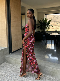 Kessari Strapless Red Floral Ruched Side Split Maxi Dress
