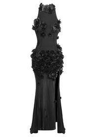Elodia Flower High Split Mesh Maxi Dress In Black