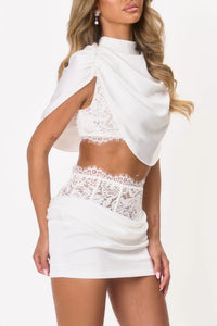 Brasken Cape Sleeve Satin Lace Skirt Set In White