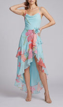 Ares Floral-Print Ruffled Silk Midi Dress In Light Blue