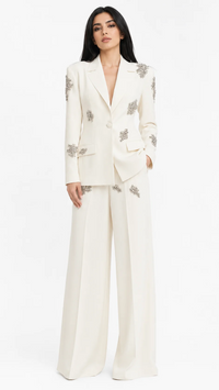 Flores Rhinestones Embellished Blazer Set White