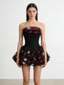 Alviva Strapless Floral Corset Bubble Mini Dress In Black