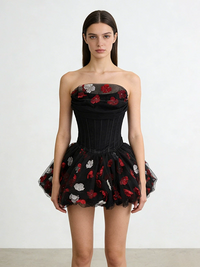 Alviva Strapless Floral Corset Bubble Mini Dress In Black