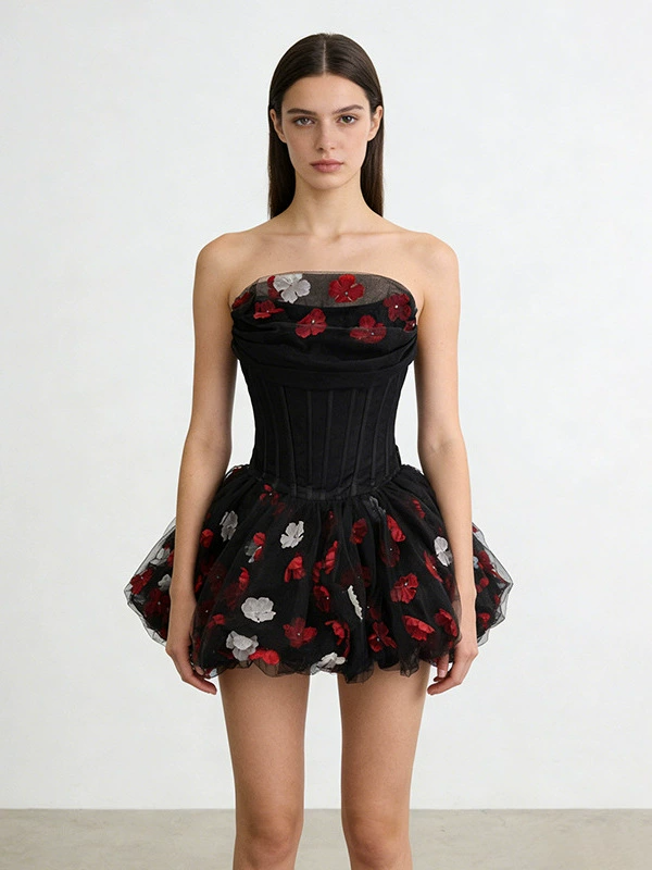Alviva Strapless Floral Corset Bubble Mini Dress In Black