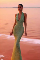Barron Halter Sequin Embellished Maxi Dress In Green