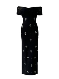Thalyss Draped Bardot Crystal Maxi Dress In Black