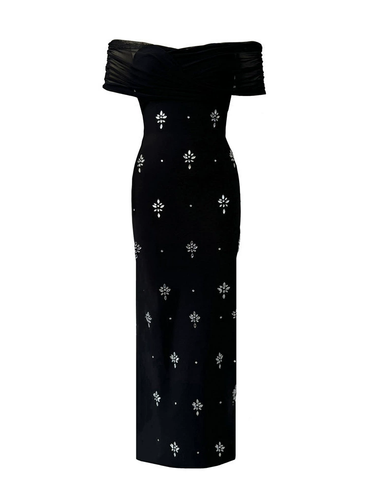 Thalyss Draped Bardot Crystal Maxi Dress In Black