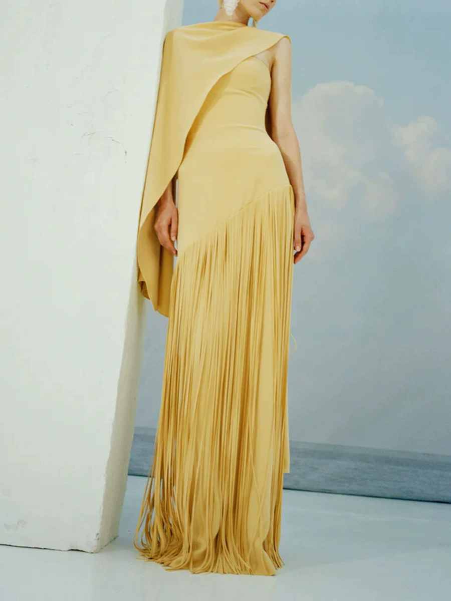 Juniper Yellow Fringed Maxi Dress With Shawl Detail