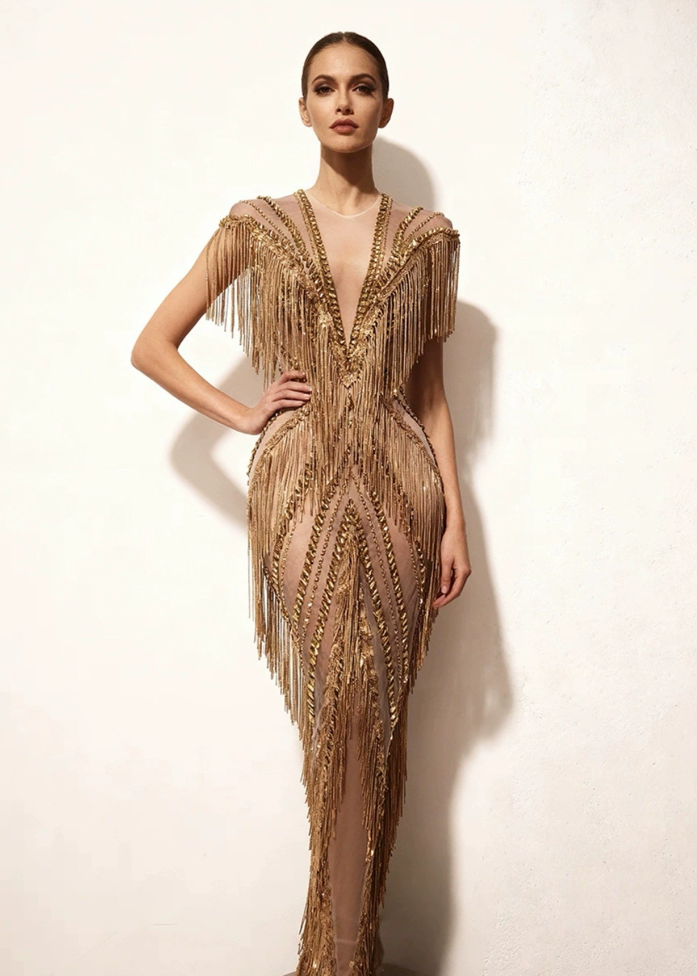 Doly Fringe Sequin Crystal Maxi Dress In Gold