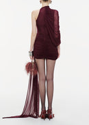 Dunia One Shoulder Asymmetric Draped Mini Dress In Wine