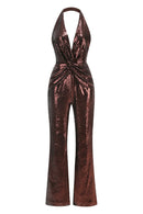 Lizbeth Halter Draped Sequin Jumpsuit In Brown