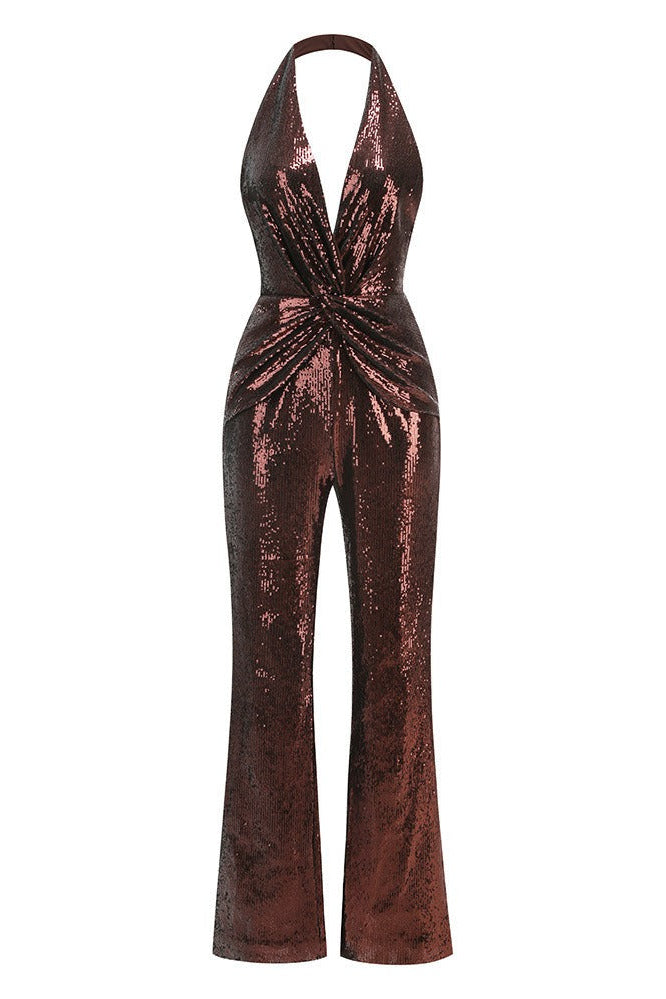 Lizbeth Halter Draped Sequin Jumpsuit In Brown