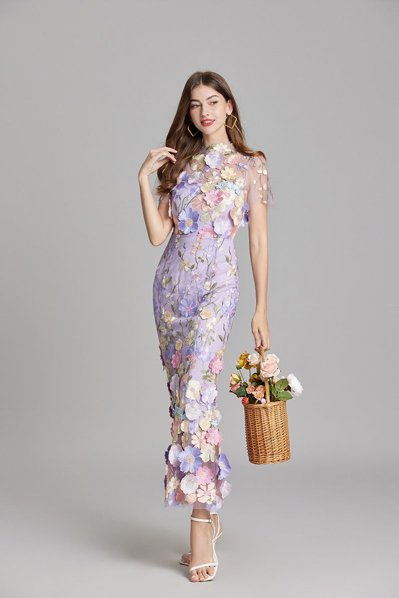 Chesley Floral Embroidery Mesh Fishtail Midi Dress