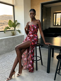Kessari Strapless Red Floral Ruched Side Split Maxi Dress