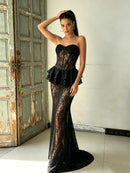 Luvren Black Strapless Lace Peplum Maxi Dress