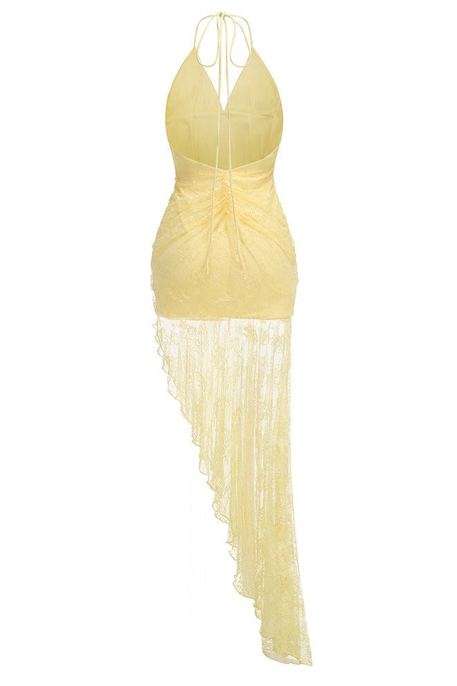 Iovrek Yellow Halter Neck Lace Maxi Dress