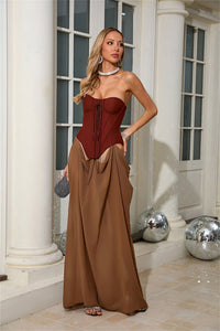 Althorin Strapless Corset Draped Maxi Dress In Brown