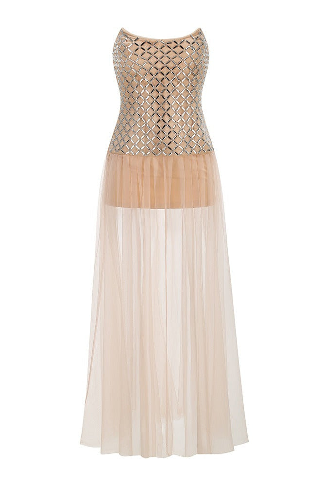 Corvenk Strapless Embellished Mesh A Line Maxi Dress