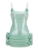 Quivyx Sequin Floral Draped Corset Mini Dress In Green