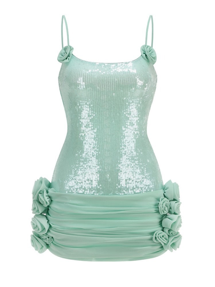 Quivyx Sequin Floral Draped Corset Mini Dress In Green