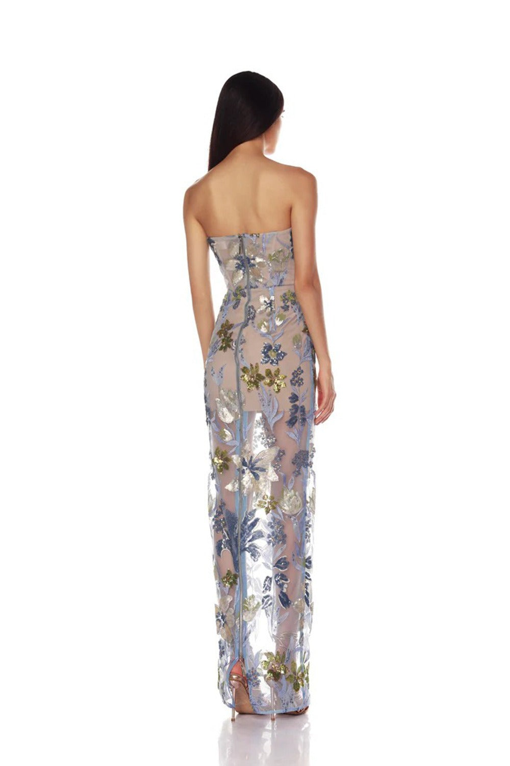 Yvoryth Strapless Sequin Embroidered Floral Maxi Dress In Blue