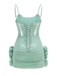 Quivyx Sequin Floral Draped Corset Mini Dress In Green