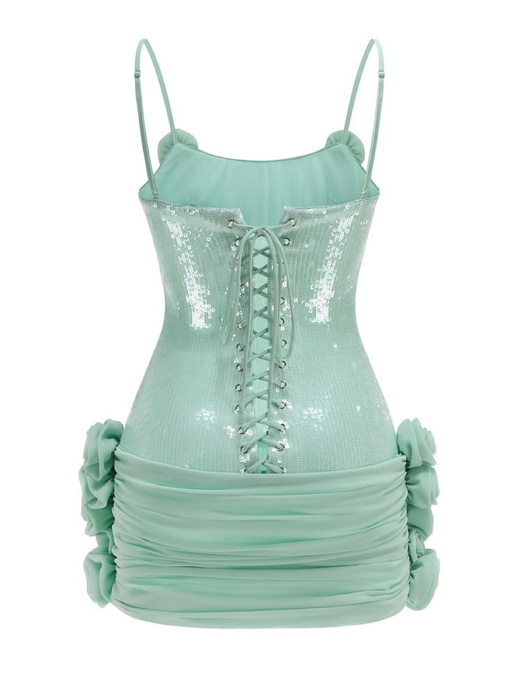 Quivyx Sequin Floral Draped Corset Mini Dress In Green