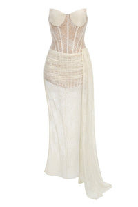 Marnex Strapless Draped Lace Bustier Maxi Dress