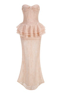 Luvren Pink Strapless Lace Peplum Maxi Dress
