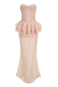 Luvren Pink Strapless Lace Peplum Maxi Dress