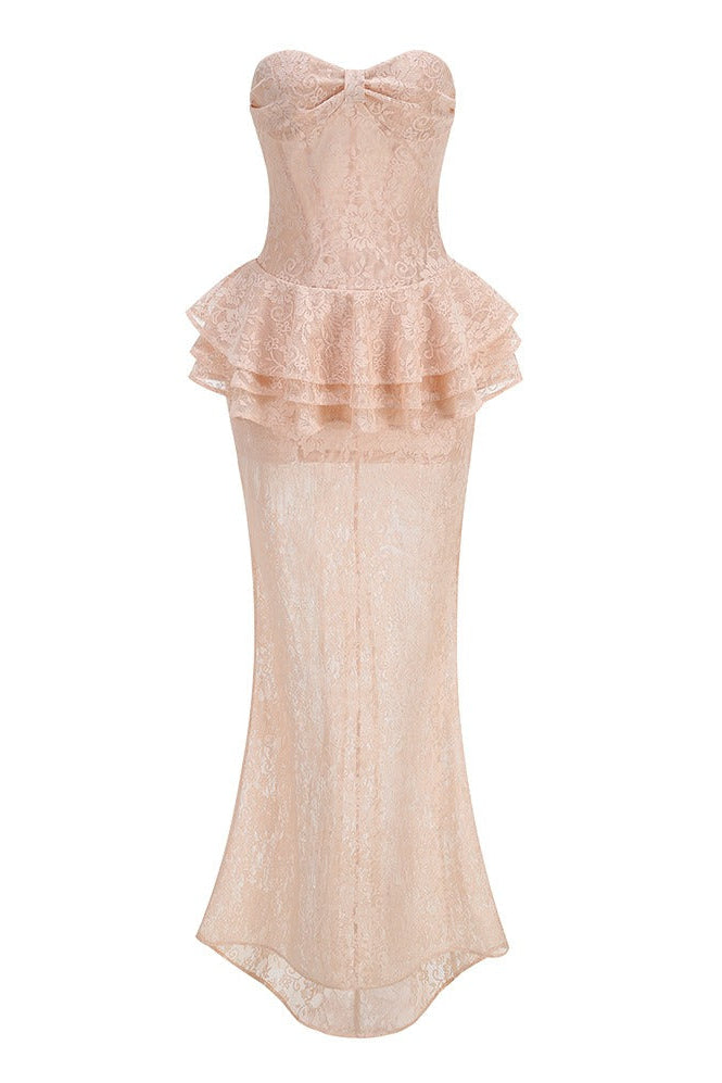 Luvren Pink Strapless Lace Peplum Maxi Dress