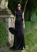Brandis Satin One-Shoulder Pleated Maxi Dress In Black