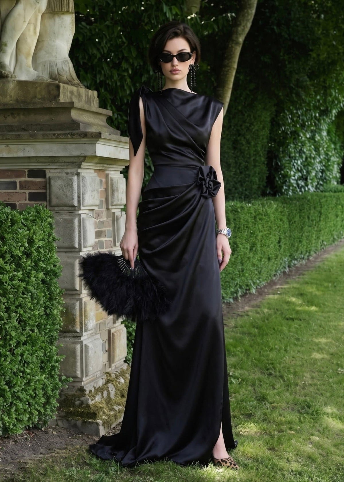 Brandis Satin One-Shoulder Pleated Maxi Dress In Black