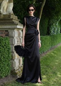 Brandis Satin One-Shoulder Pleated Maxi Dress In Black