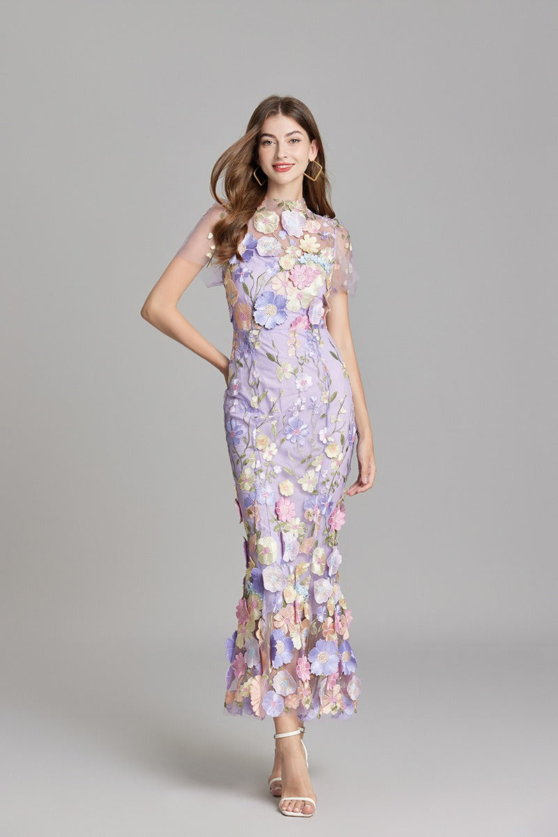 Chesley Floral Embroidery Mesh Fishtail Midi Dress